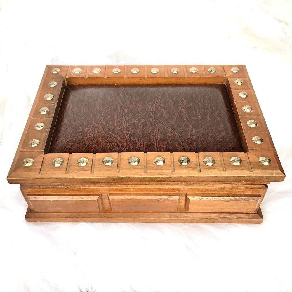Vintage Jewelry Box Solid Wood Studded Leather Cover & Velvet Lined